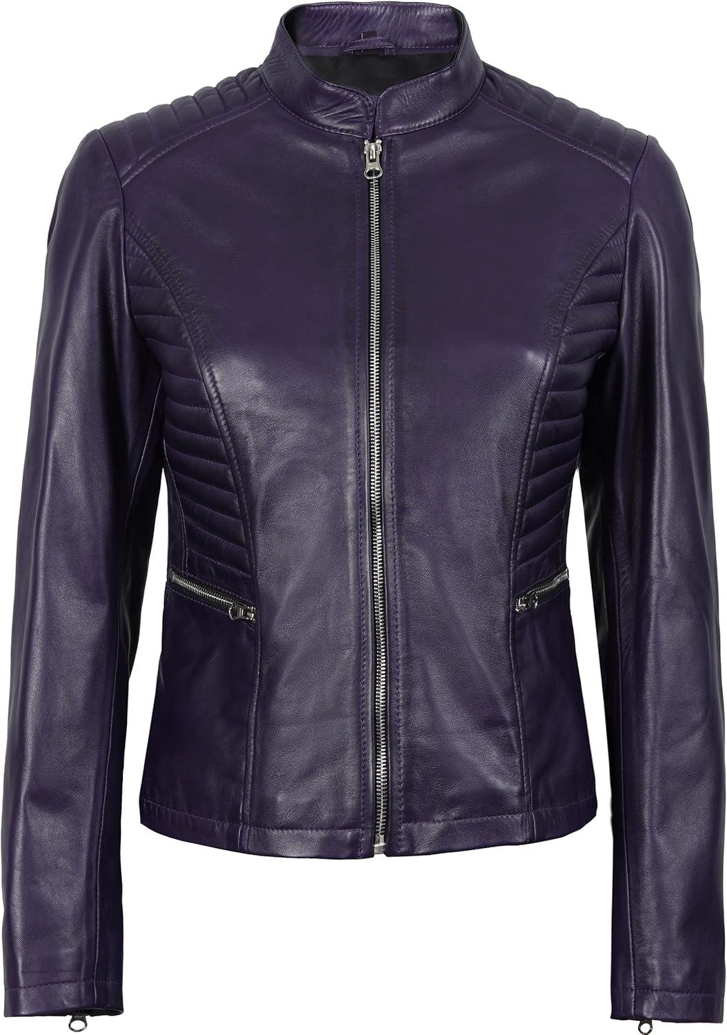 imageBlingsoul Real Leather Jacket Women  Cafe Racer Style Womens Leather JacketsN185  Purple Jacket