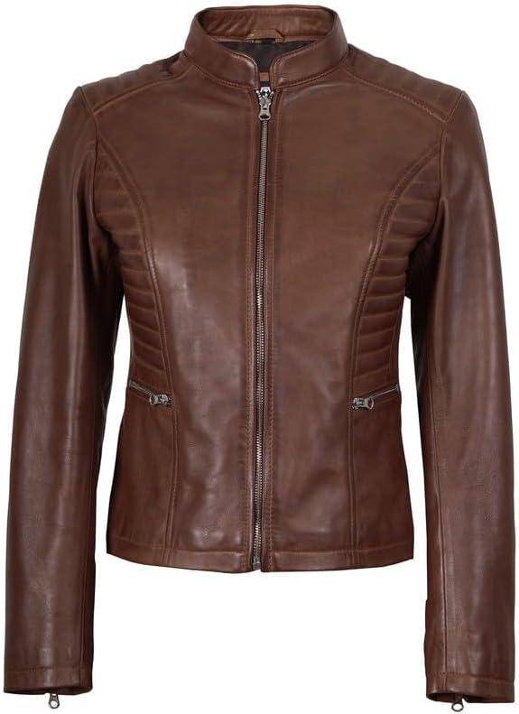 imageBlingsoul Real Leather Jacket Women  Cafe Racer Style Womens Leather JacketsRachel  Cognac Jacket