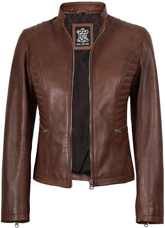 imageBlingsoul Real Leather Jacket Women  Cafe Racer Style Womens Leather JacketsRachel  Cognac Jacket