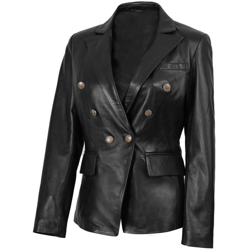 imageBlingsoul Leather Blazer Jacket Women  Double Breasted Leather Coats For WomenKinley  Black Blazer Jacket
