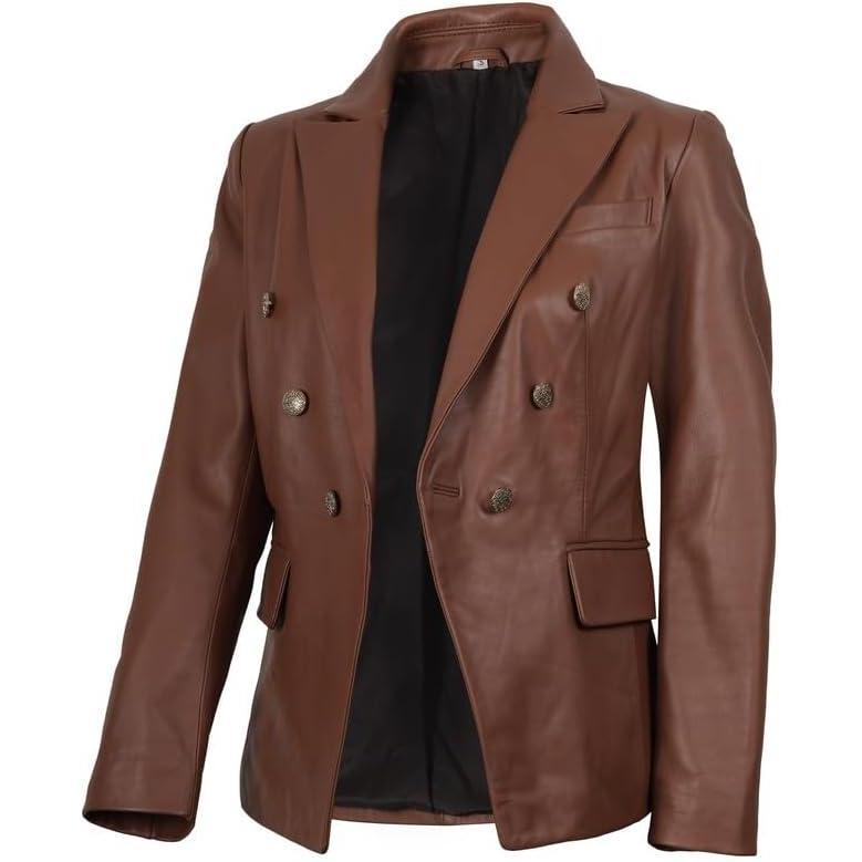 imageBlingsoul Leather Blazer Jacket Women  Double Breasted Leather Coats For WomenKinley  Cognac Blazer Jacket