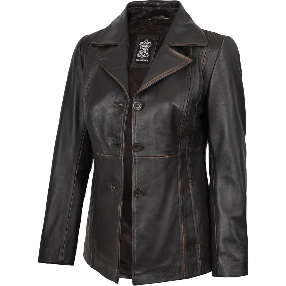 imageBlingsoul Leather Blazer Jacket Women  Leather Car Coats For WomenBitonto  Blazer Dark Brown