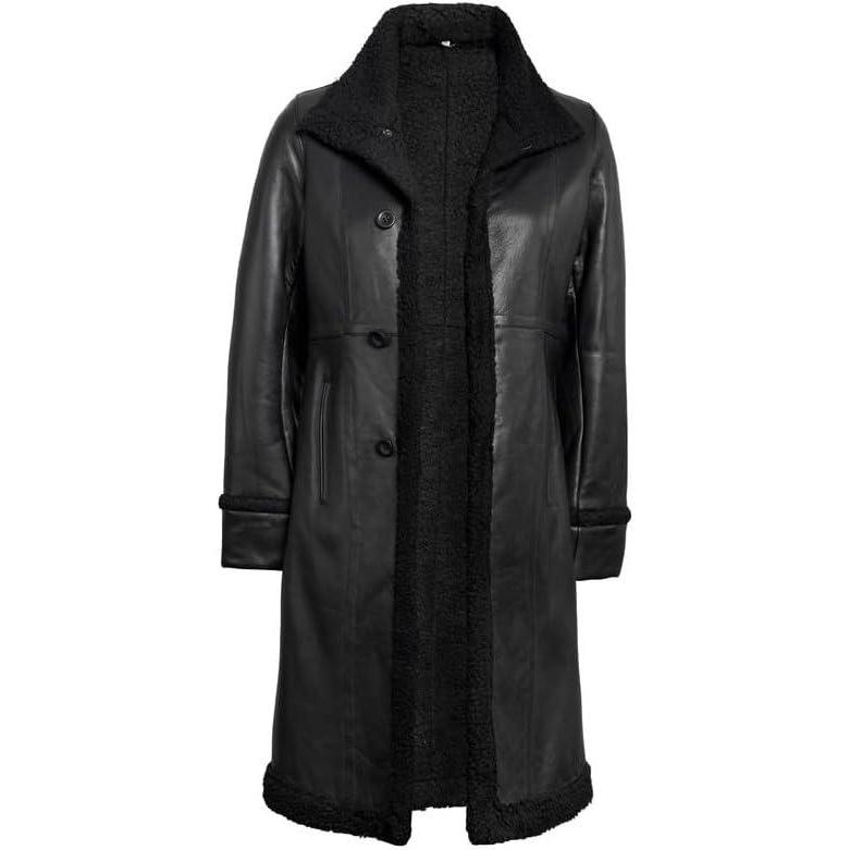 imageBlingsoul Leather Coats For Women  Real Lambskin Long Leather Jacket WomensBlack  Maura Shearling Coat