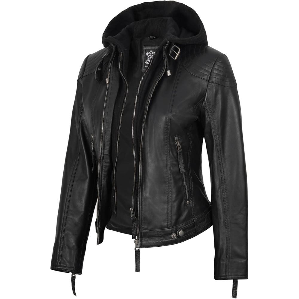 imageBlingsoul Leather Jacket Women  Real Lambskin Womens Leather Jackets with Detachable HoodBlack  Tonja Jacket