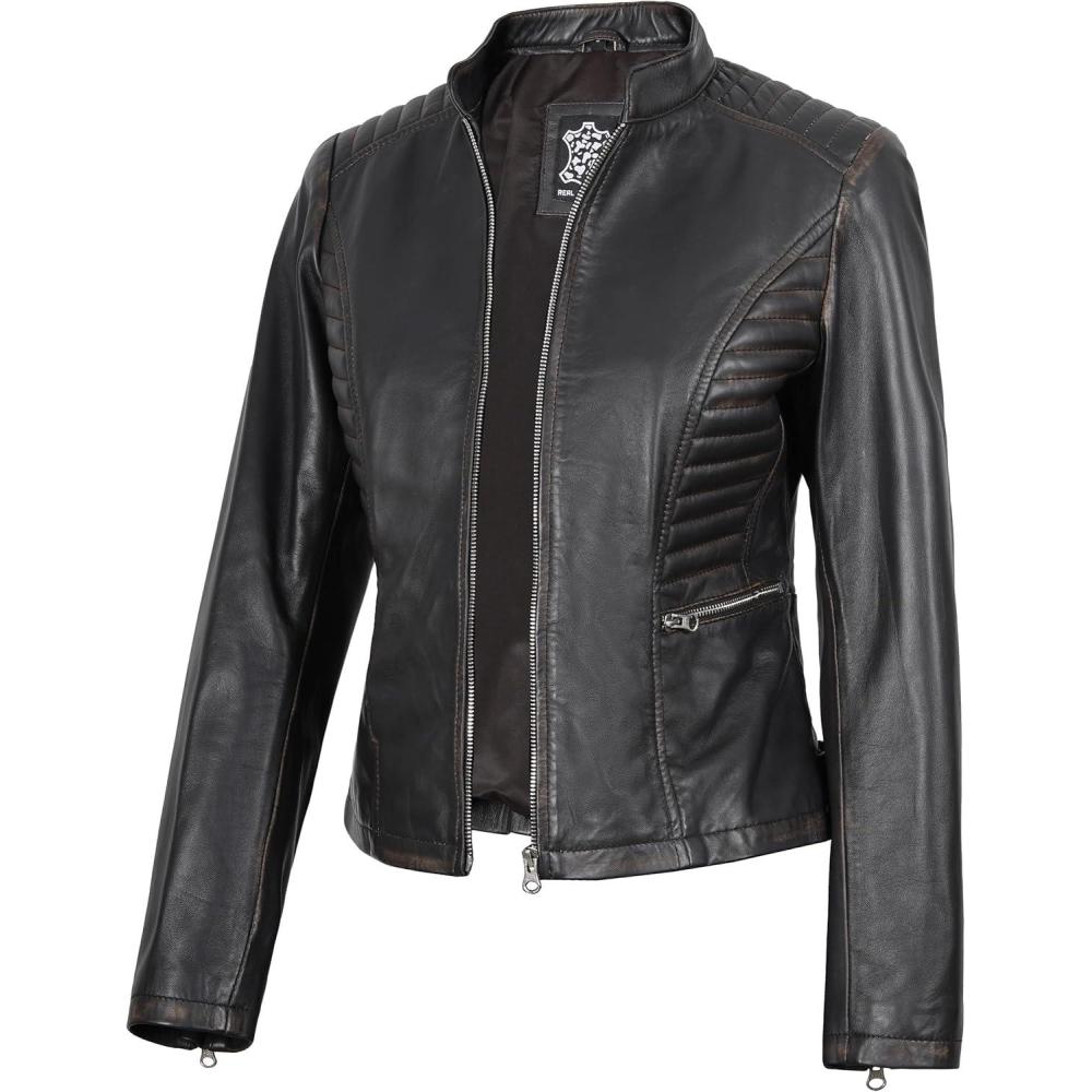 imageBlingsoul Real Leather Jacket Women  Cafe Racer Style Womens Leather JacketsN185  Brown Jacket