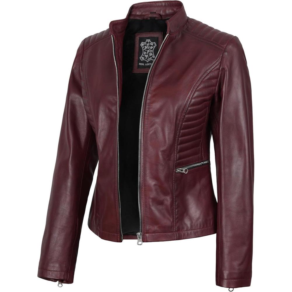 imageBlingsoul Real Leather Jacket Women  Cafe Racer Style Womens Leather JacketsN185  Maroon Wax Jacket