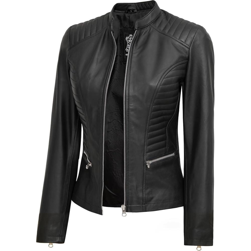 imageBlingsoul Real Leather Jacket Women  Cafe Racer Style Womens Leather JacketsRachel  Black Jacket