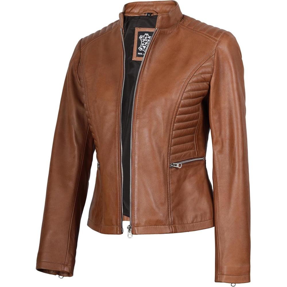 imageBlingsoul Real Leather Jacket Women  Cafe Racer Style Womens Leather JacketsRachel  Brown Jacket