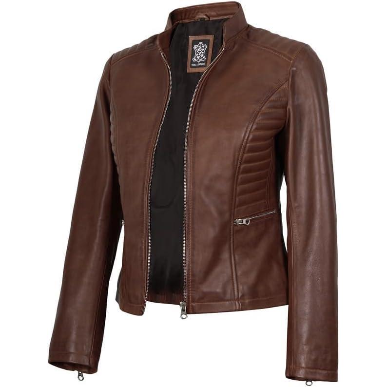 imageBlingsoul Real Leather Jacket Women  Cafe Racer Style Womens Leather JacketsRachel  Cognac Jacket