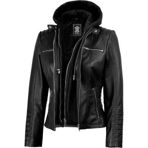 imageBlingsoul Leather Jacket Women  Real Lambskin Womens Leather Jackets with Detachable HoodBlack  Helen Jacket