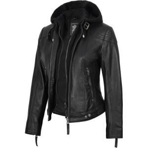 imageBlingsoul Leather Jacket Women  Real Lambskin Womens Leather Jackets with Detachable HoodBlack  Tonja Jacket