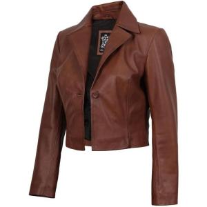 image:imageBlingsoul Trendy Short Real Lambskin Womens Leather Jacket  Cropped Leather Jacket WomenCognac  Oceana Cropped Jacket