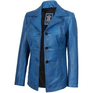 image:imageBlingsoul Leather Blazer Jacket Women  Real Leather Coat For WomensBitonto  Blazer Sky Blue Wax