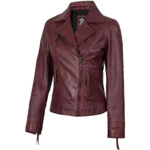 image:imageBlingsoul Classic Asymmetrical Style Leather Jacket Women  Real Lambskin Moto Biker Jacket For WomensMaroon  Ramsey Jacket
