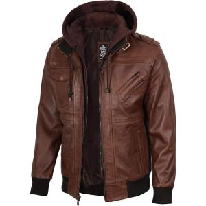 image:imageBlingsoul Mens Hooded Leather Jacket with Removable Hood Biker Style Real Bomber Leather Jacket Men Wind Resistant OuterwearEdinburgh  Brown Jacket