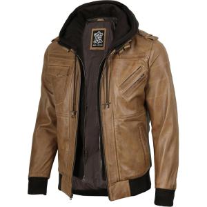 image:imageBlingsoul Mens Hooded Leather Jacket with Removable Hood Biker Style Real Bomber Leather Jacket Men Wind Resistant OuterwearEdinburgh  Camel Jacket