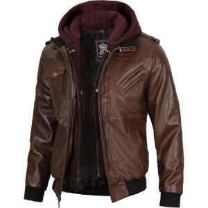 image:imageBlingsoul Mens Hooded Leather Jacket with Removable Hood Biker Style Real Bomber Leather Jacket Men Wind Resistant OuterwearEdinburgh  Dark Brown Jacket