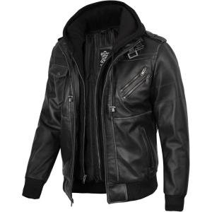 image:imageBlingsoul Mens Hooded Leather Jacket with Removable Hood Biker Style Real Bomber Leather Jacket Men Wind Resistant OuterwearEdinburgh  Grey Jacket