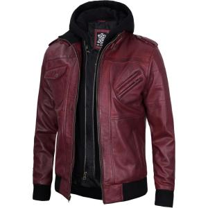 image:imageBlingsoul Mens Hooded Leather Jacket with Removable Hood Biker Style Real Bomber Leather Jacket Men Wind Resistant OuterwearEdinburgh  Maroon Jacket