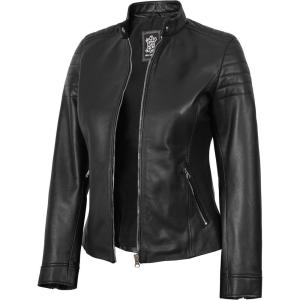 image:imageBlingsoul Real Caf Racer Leather Jacket Women  Moto Style Lambskin Leather Jacket for WomenCarrie  Black Jacket