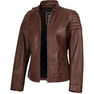image:imageBlingsoul Real Caf Racer Leather Jacket Women  Moto Style Lambskin Leather Jacket for WomenCarrie  Cognac Jacket