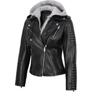 image:imageBlingsoul Bomber Leather Jacket Women  Real Lambskin Womens Leather Jackets With Detachable HoodBagheria  Black Jacket