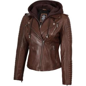 image:imageBlingsoul Bomber Leather Jacket Women  Real Lambskin Womens Leather Jackets With Detachable HoodBagheria  Cognac Jacket