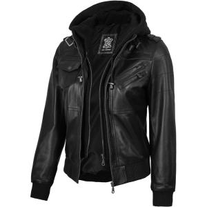 image:imageBlingsoul Bomber Leather Jacket Women  Real Lambskin Womens Leather Jackets With Detachable HoodEdinburgh  Black Jacket