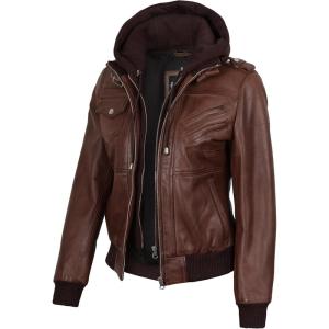 image:imageBlingsoul Bomber Leather Jacket Women  Real Lambskin Womens Leather Jackets With Detachable HoodEdinburgh  Cognac Jacket