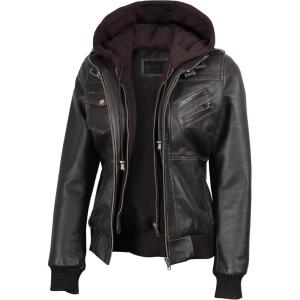image:imageBlingsoul Bomber Leather Jacket Women  Real Lambskin Womens Leather Jackets With Detachable HoodEdinburgh  Dark Brown Jacket