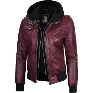 image:imageBlingsoul Bomber Leather Jacket Women  Real Lambskin Womens Leather Jackets With Detachable HoodEdinburgh  Maroon Jacket