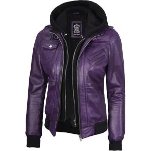 image:imageBlingsoul Bomber Leather Jacket Women  Real Lambskin Womens Leather Jackets With Detachable HoodEdinburgh  Purple Hood Jacket