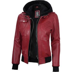 image:imageBlingsoul Bomber Leather Jacket Women  Real Lambskin Womens Leather Jackets With Detachable HoodEdinburgh  Red Jacket