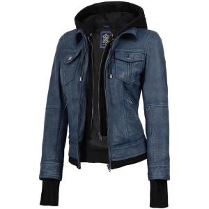 image:imageBlingsoul Hooded Leather Jacket Women  Real Lambskin Womens Leather Jackets with Detachable HoodBlue Distressed Washed  Betty Jacket