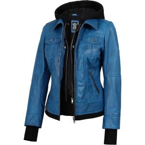 image:imageBlingsoul Hooded Leather Jacket Women  Real Lambskin Womens Leather Jackets with Detachable HoodVivid Blue  Betty Jacket