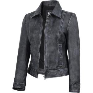 image:imageBlingsoul Real Lambskin Leather Jacket for Women Shirt Collar Leather Jacket WomensJose Washed  Black Leather Jacket