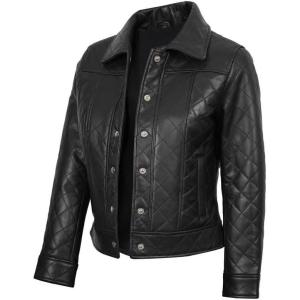 image:imageBlingsoul Real Lambskin Leather Jacket for Women Shirt Collar Leather Jacket WomensSilvia  Black Leather Jacket