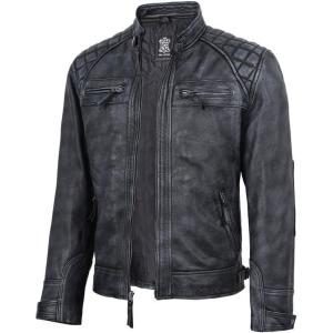 image:imageBlingsoul Leather Jacket Men  Quilted Cafe Racer Leather Jackets For MenDiamond1  Black Distressed Washed Jacket