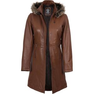 image:imageBlingsoul Womens Long Leather Coat  Real Lambskin Leather Jacket with Shearling Collar Car Coat Style Leather Jacket WomenBrown  Jean Hooded Coat