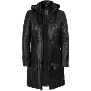 image:imageBlingsoul Womens Long Leather Coat  Real Lambskin Leather Jacket with Shearling Collar Car Coat Style Leather Jacket WomenLesa  Black Jacket