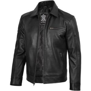 image:imageBlingsoul Vintage Real Lambskin Leather Jacket For Mens  Moto Style Classic Shirt Collar Leather Jacket MenBlack  Neville Jacket