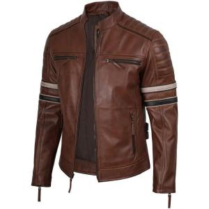 image:imageBlingsoul Stylish Black amp Brown Cafe Racer Leather Jacket For Men  Real Lambskin Leather Motorcycle Jacket mensHarry  Cognac Jacket