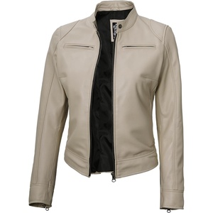 image:imageBlingsoul Womens Lambskin Leather Jacket  Cafe Racer Style Genuine Leather Jacket for Women SnapTab CollarBeige