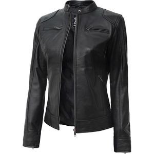 image:imageBlingsoul Womens Lambskin Leather Jacket  Cafe Racer Style Genuine Leather Jacket for Women SnapTab CollarBlack