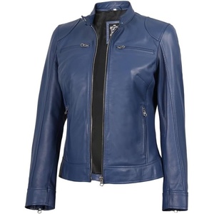 image:imageBlingsoul Womens Lambskin Leather Jacket  Cafe Racer Style Genuine Leather Jacket for Women SnapTab CollarBlue