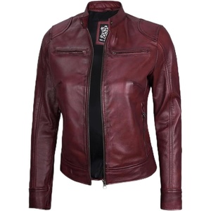 image:imageBlingsoul Womens Lambskin Leather Jacket  Cafe Racer Style Genuine Leather Jacket for Women SnapTab CollarBurgundy Maroon Wax