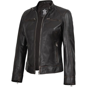 image:imageBlingsoul Womens Lambskin Leather Jacket  Cafe Racer Style Genuine Leather Jacket for Women SnapTab CollarDark Brown Ruboff