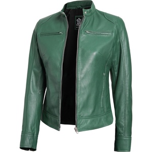 image:imageBlingsoul Womens Lambskin Leather Jacket  Cafe Racer Style Genuine Leather Jacket for Women SnapTab CollarGreen