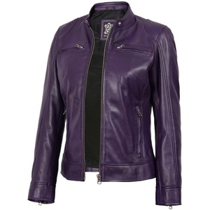 image:imageBlingsoul Womens Lambskin Leather Jacket  Cafe Racer Style Genuine Leather Jacket for Women SnapTab CollarPurple Wax