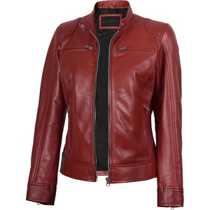 image:imageBlingsoul Womens Lambskin Leather Jacket  Cafe Racer Style Genuine Leather Jacket for Women SnapTab CollarRed